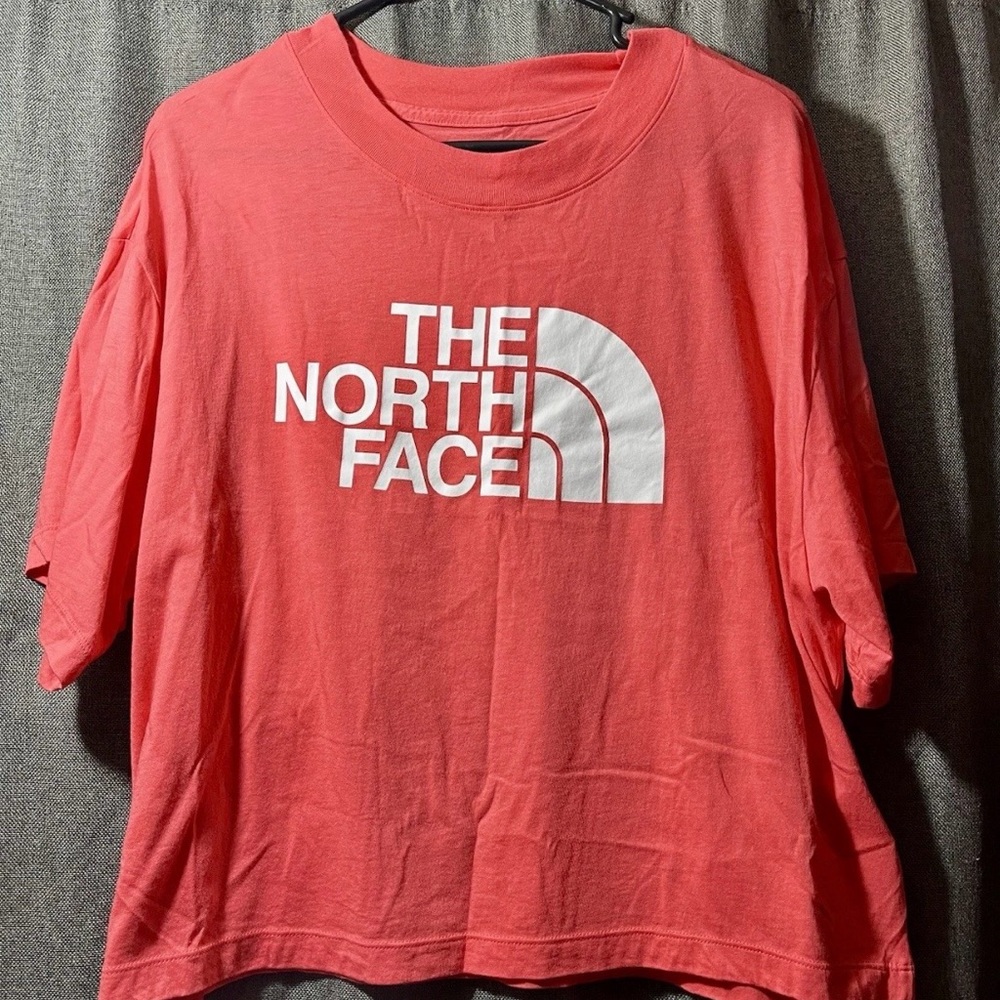 The North Face Cropped Logo Tee Women XL Coral Boxy Fit Outdoor Casual T Shirt